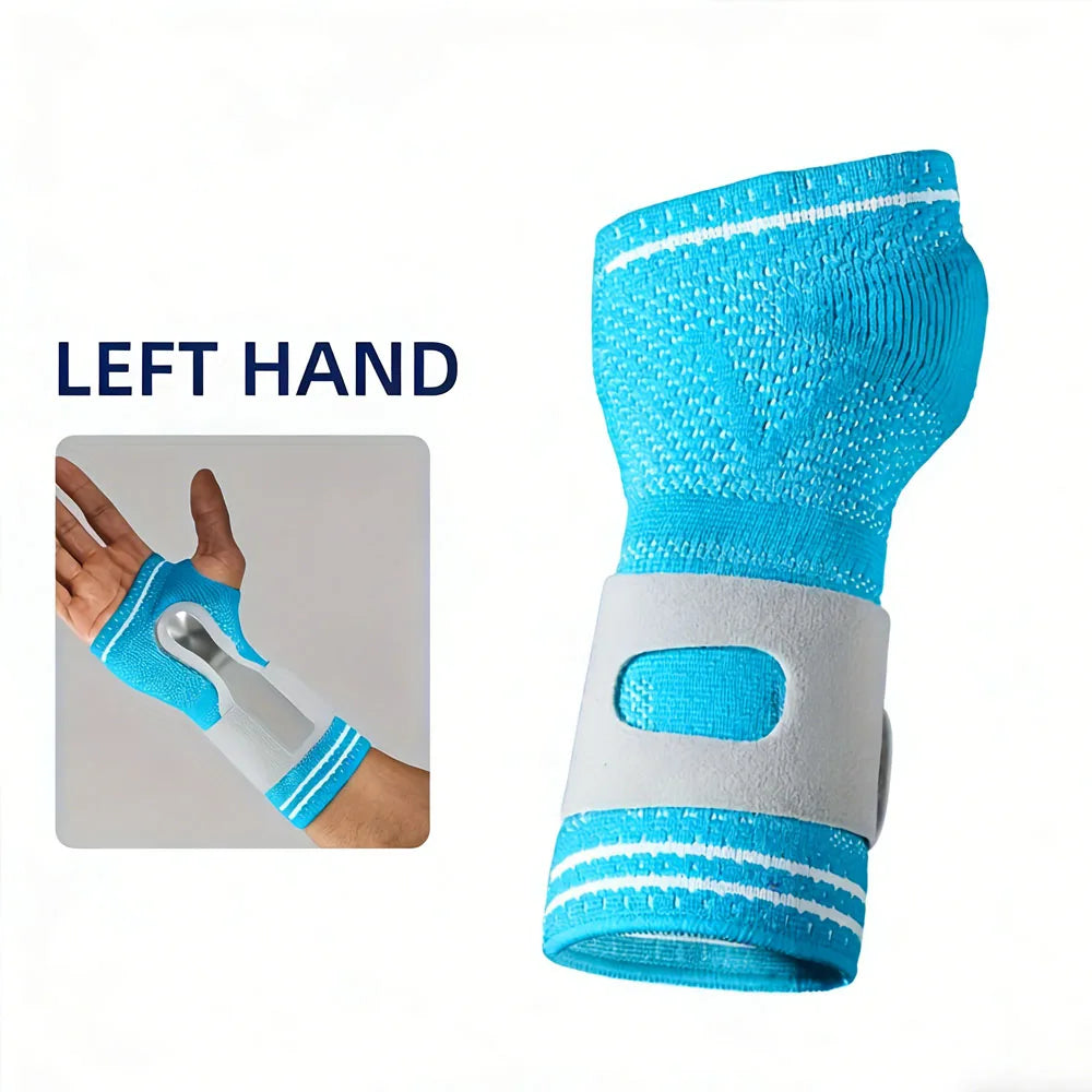 A bright blue adjustable wrist palm support brace for the left hand, shown in a full view and close-up.