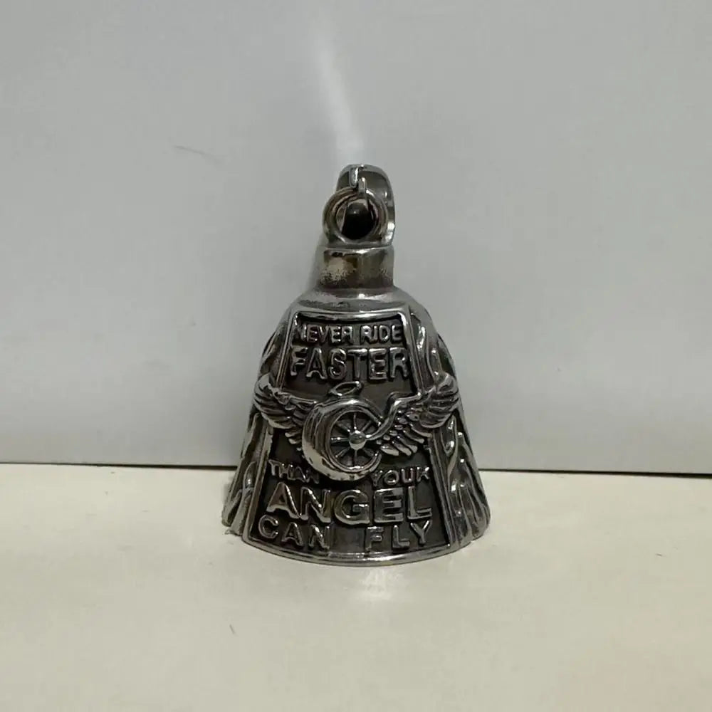Silver motorcycle guardian bell pendant with engraved text featuring the phrase Never Ride Faster Your Angel Can Fly