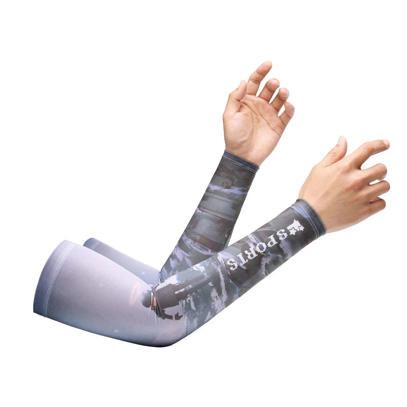 A person is wearing a gray UV protection cooling arm sleeve on their forearm, showing the text SPORTS.