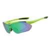 Lime green polarized sunglasses with a flexible strap and tinted lenses