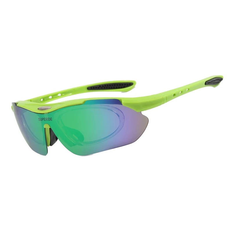 Lime green polarized sunglasses with a flexible strap and tinted lenses
