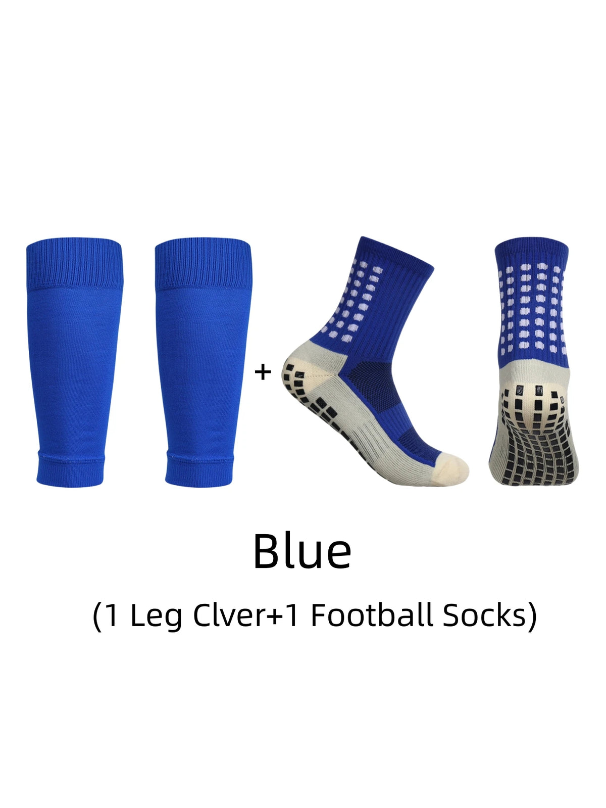 Blue anti-slip football socks set including one leg cover and one pair of football socks