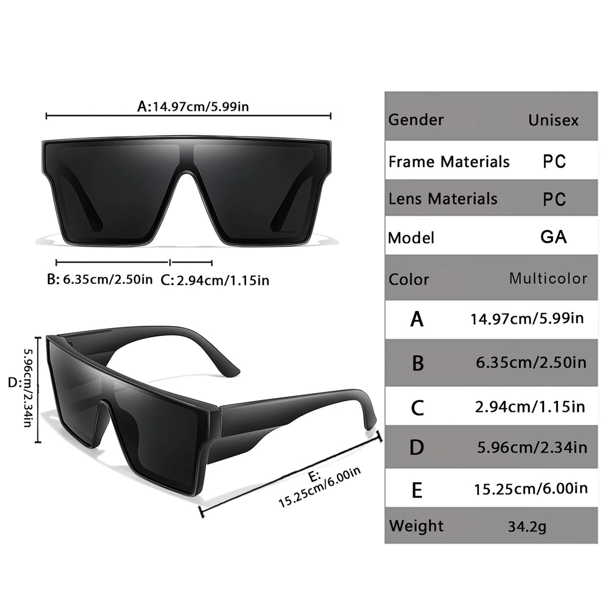 Un set de gafas de policarbonato negras con varios tamaños de montura y opciones de lentes, mostrados en diferentes vistas.
