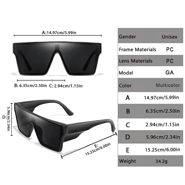 Un set de gafas de policarbonato negras con varios tamaños de montura y opciones de lentes, mostrados en diferentes vistas.