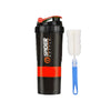 Black leak-proof protein shaker bottle with a red cap and a white pill tray