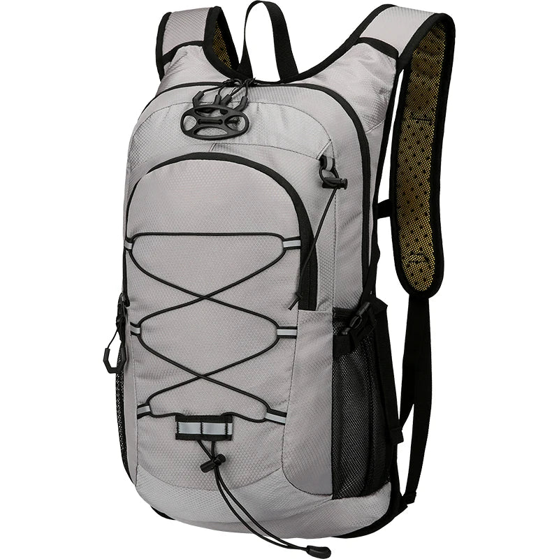 A gray multipurpose outdoor backpack with black accents and mesh features.