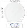 White silicone swimming cap with ear protection features, measuring 29.5cm/11.61in.