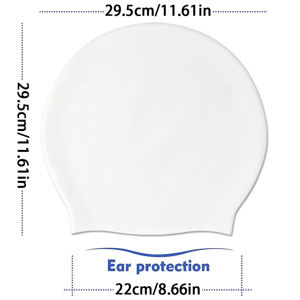 White silicone swimming cap with ear protection features, measuring 29.5cm/11.61in.