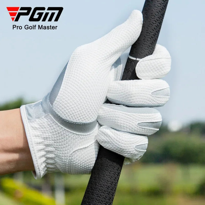 A hand wearing a white grip glove is holding a golf club shaft outdoors.