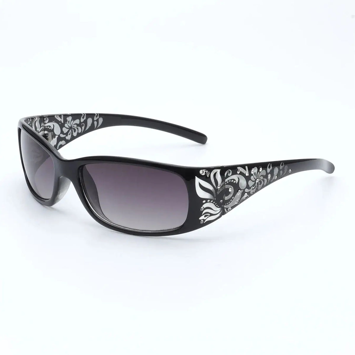 Gafas negras con montura cuadrada y estampado floral blanco.