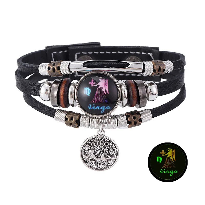 Pulsera de cuero plateado y marrón oscuro con dije de constelación zodiacal.