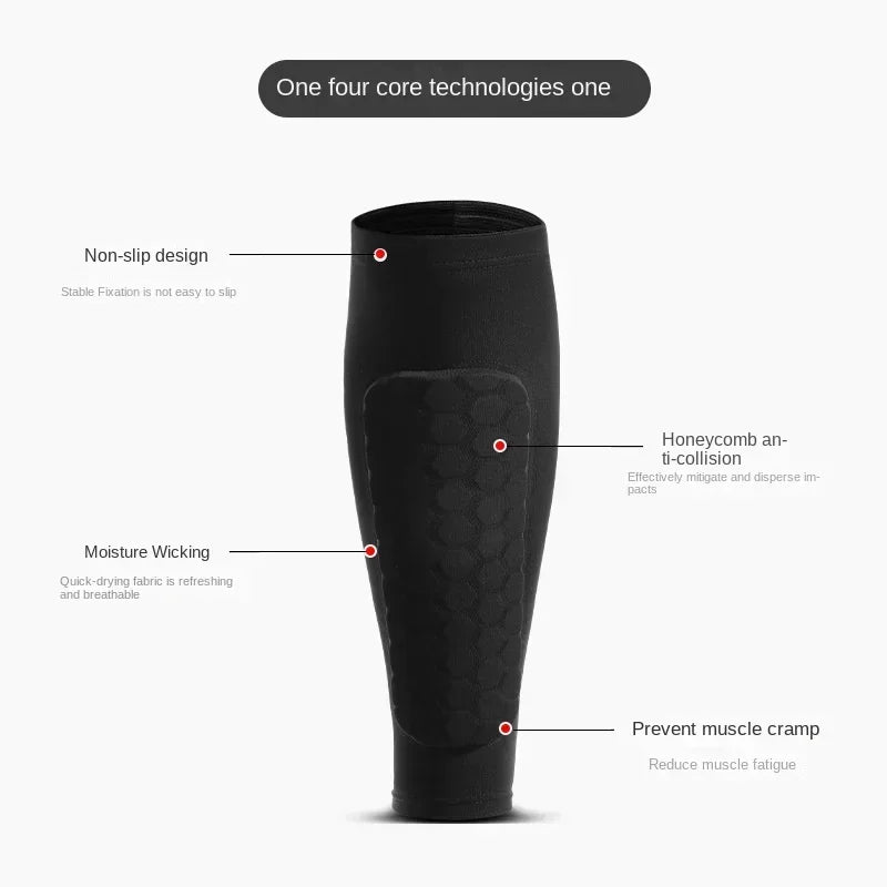 Black sports shin guard designed with non-slip features, moisture-wicking fabric, and muscle cramp prevention.