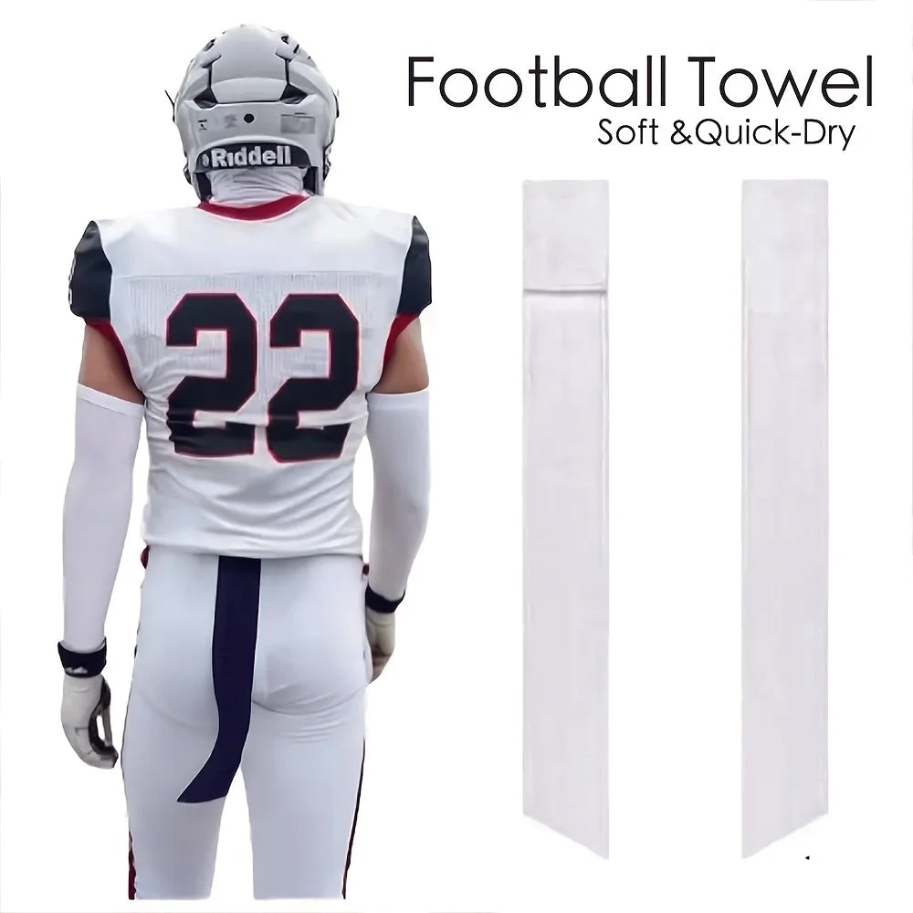 A white football towel set featuring a helmet and a folded towel displayed next to the gear.