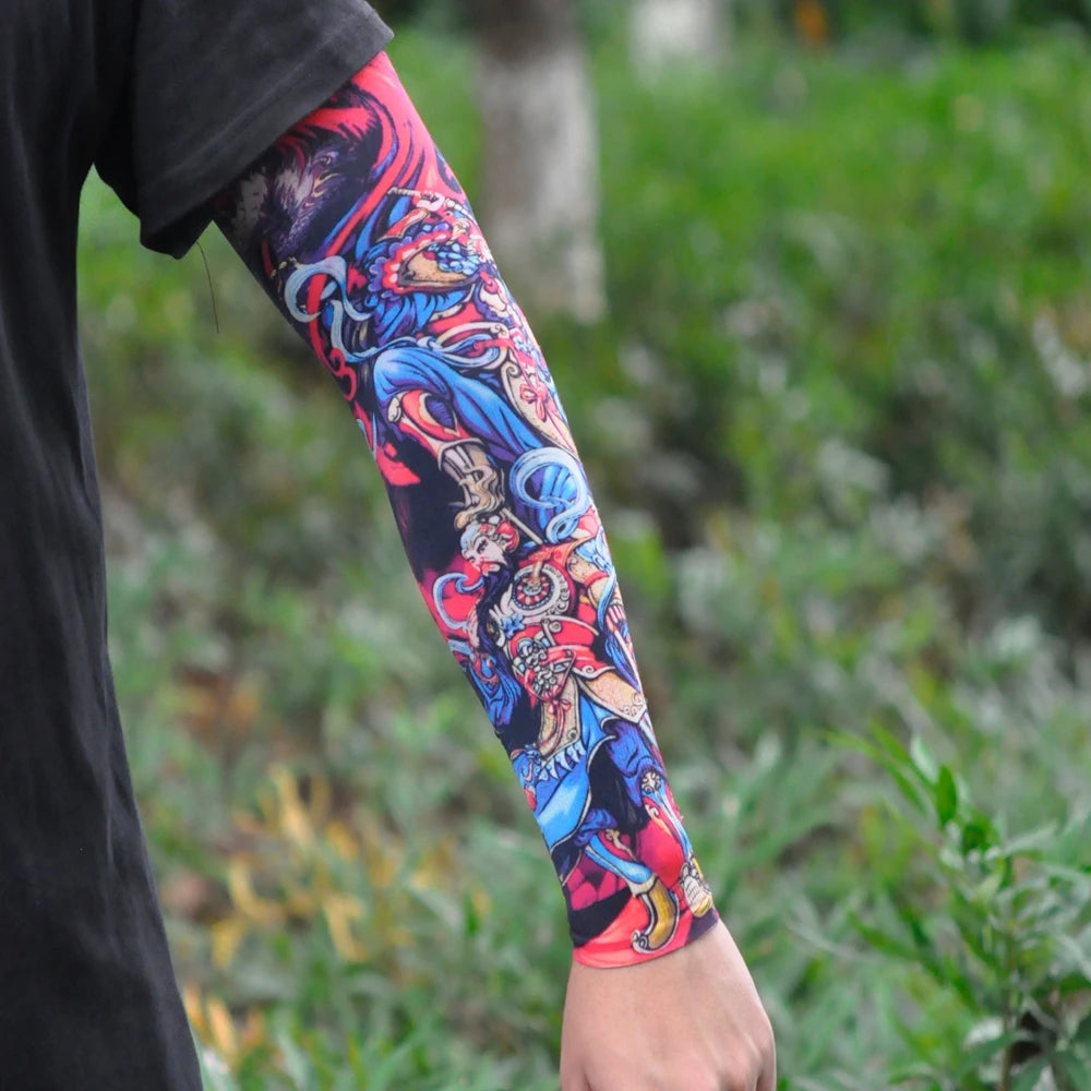 Close-up of a person's arm wearing a colorful, detailed ice silk tattoo sleeve for sun protection.