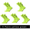 Five pairs of yellow green anti-slip silicone grip football socks displayed in various angles.
