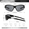 A pair of black wraparound sports sunglasses shown from the front and side, detailing various measurements.