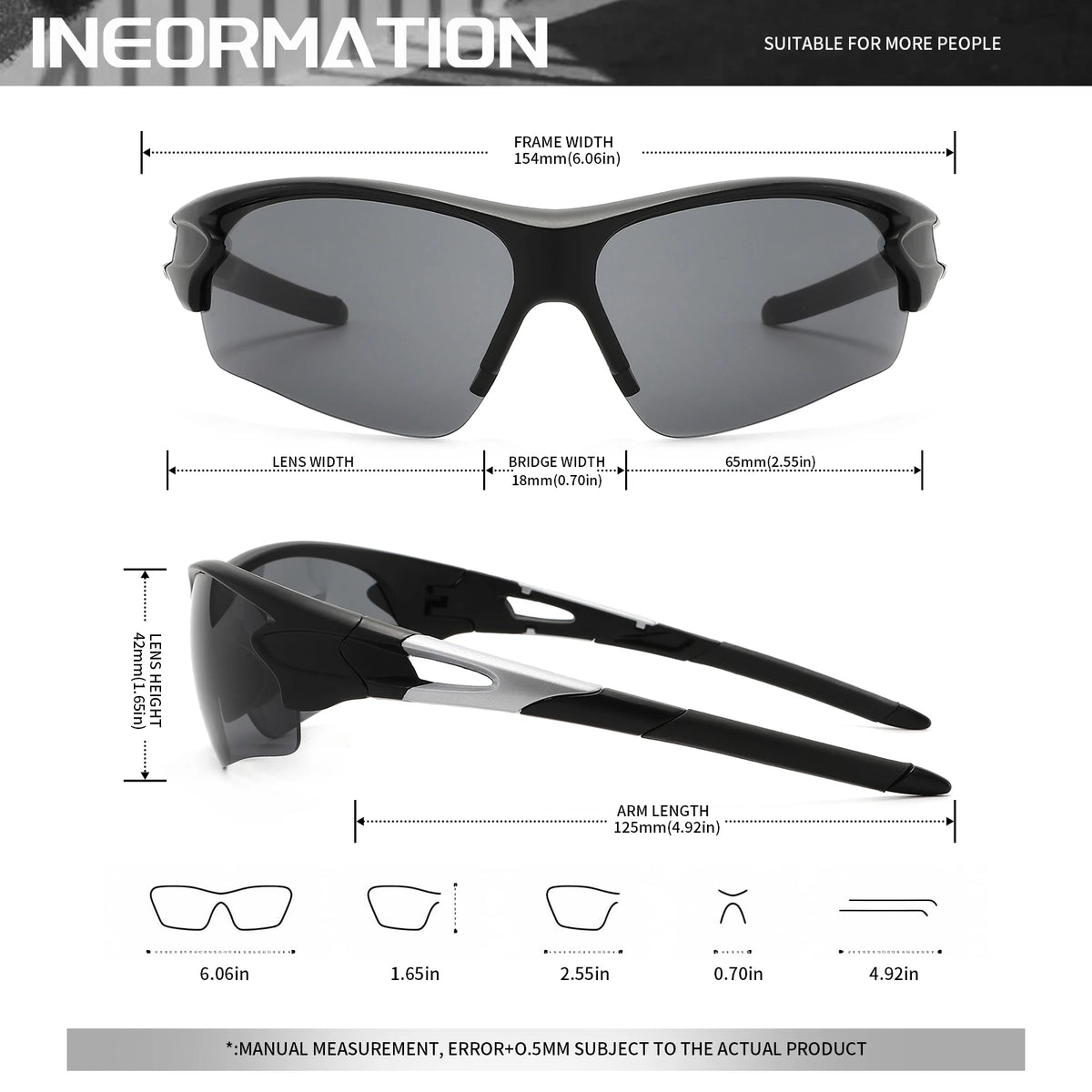A pair of black wraparound sports sunglasses shown from the front and side, detailing various measurements.