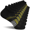 A stack of black women's performance ankle socks with yellow accents, showing various compression and cushion support levels.