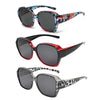 Three pairs of wrap-around sunglasses featuring floral, red, and leopard print frames.