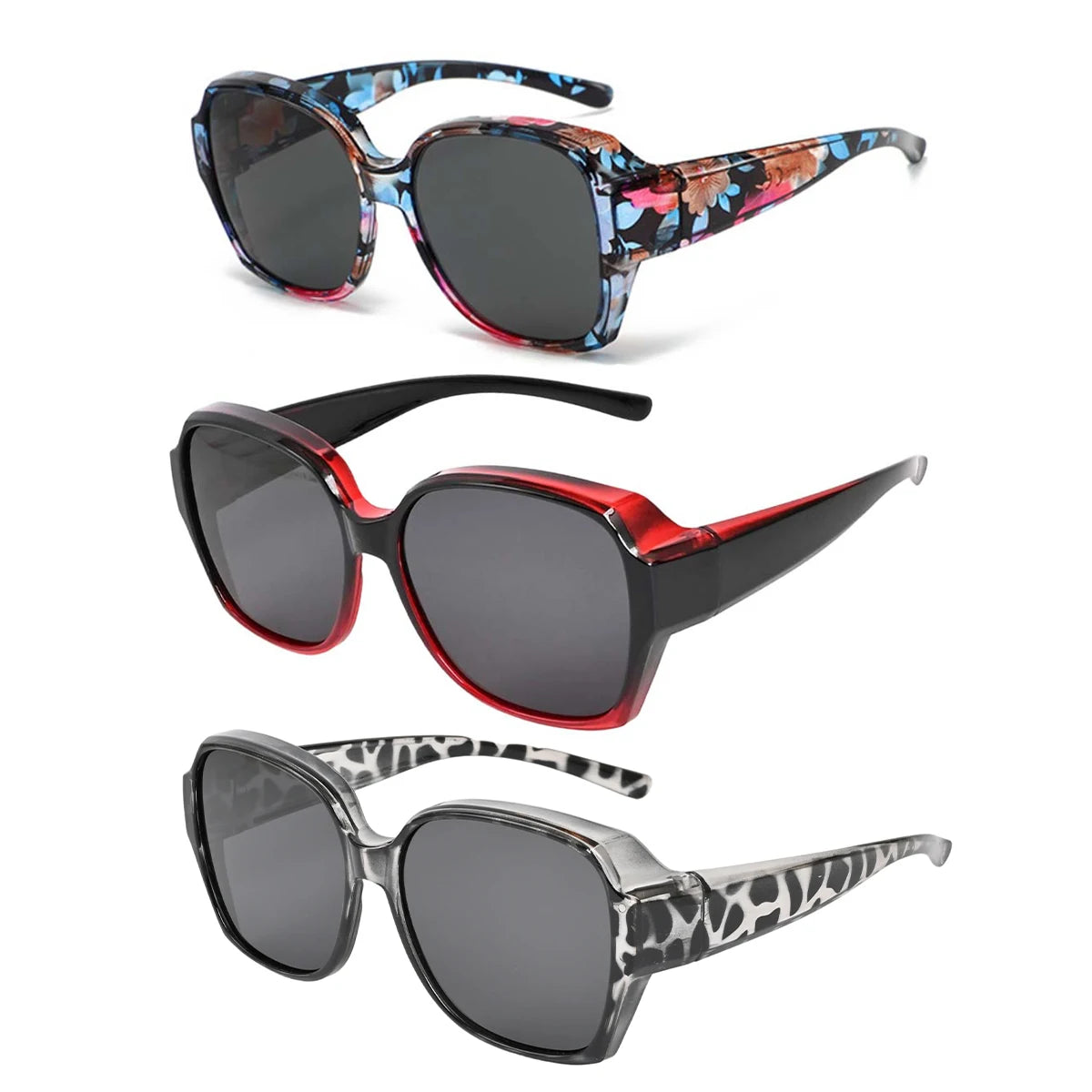 Three pairs of wrap-around sunglasses featuring floral, red, and leopard print frames.