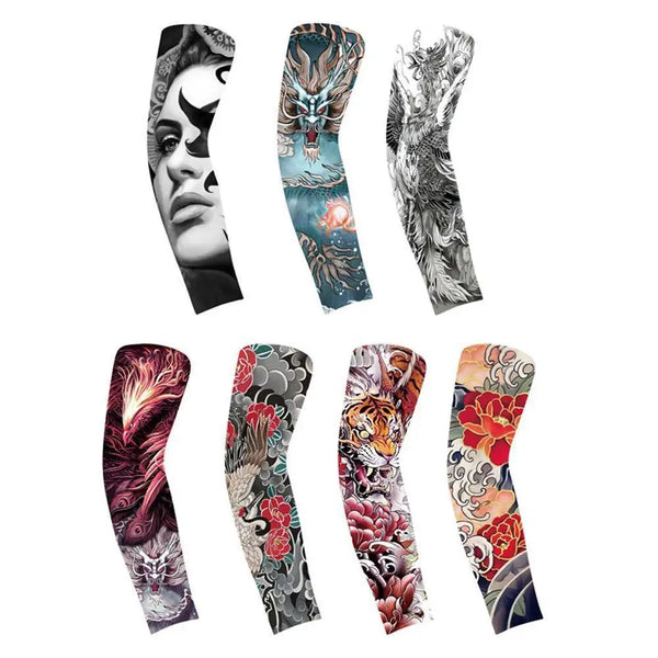 Eine Kollektion von neun Designs für Eisseide-Sonnenschutz-Armschuhe mit verschiedenen komplizierten Mustern und Kunstwerken.