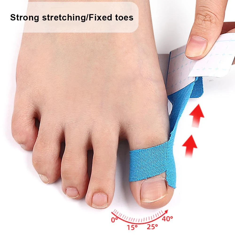 Blue kinesiology tape applied to the sole of a foot, demonstrating strong stretching or fixed toes.