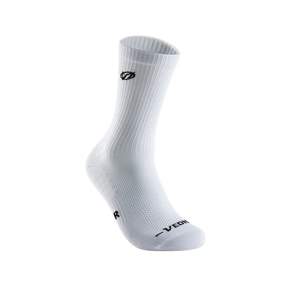 White athletic running socks with arch support and a small black logo detail
