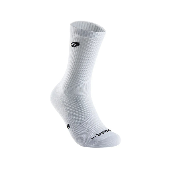 White athletic running socks with arch support and a small black logo detail
