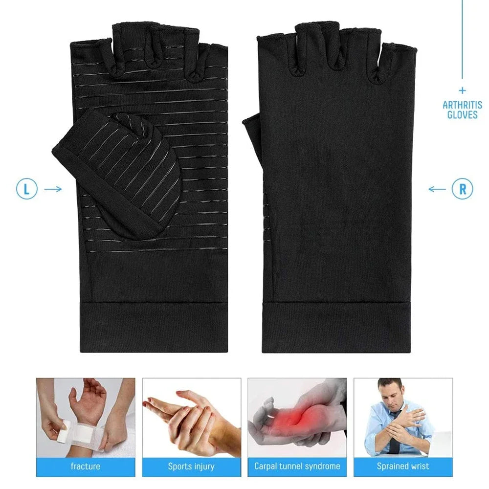 Black copper compression fingerless gloves shown with various injuries like fracture, sports injury, and sprained wrist.