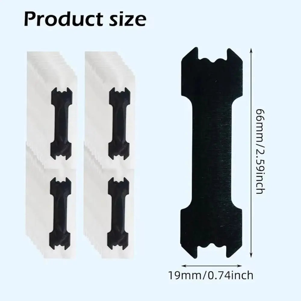 Black hypoallergenic nasal strips shown next to their packaging and dimensions.