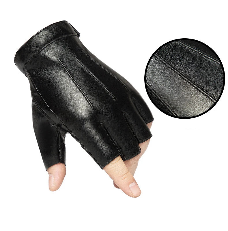 Black PU leather fingerless fitness gloves shown on a hand and a separate pad.