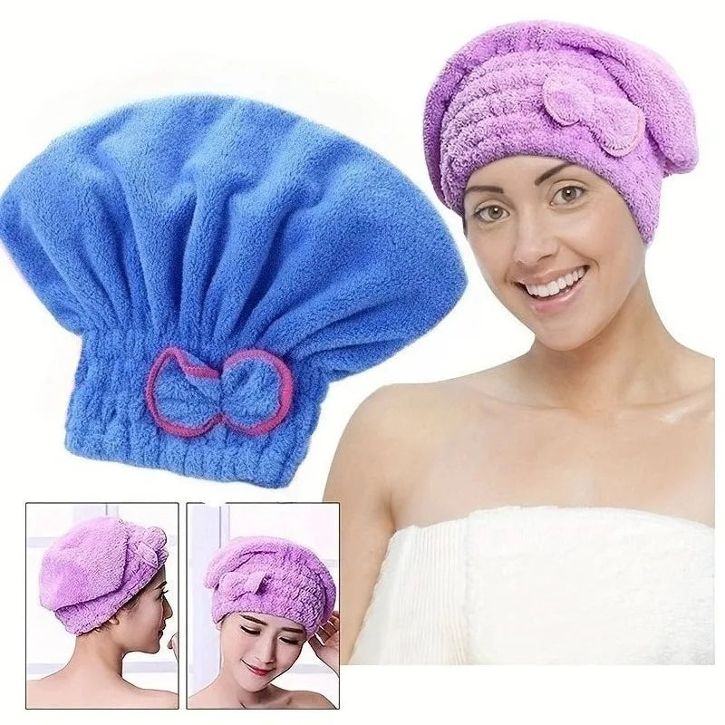 A woman is wearing a purple fuzzy hair drying towel cap, with other color options shown.