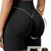 Black seamless high-waisted knit fitness shorts shown on a model's lower body.