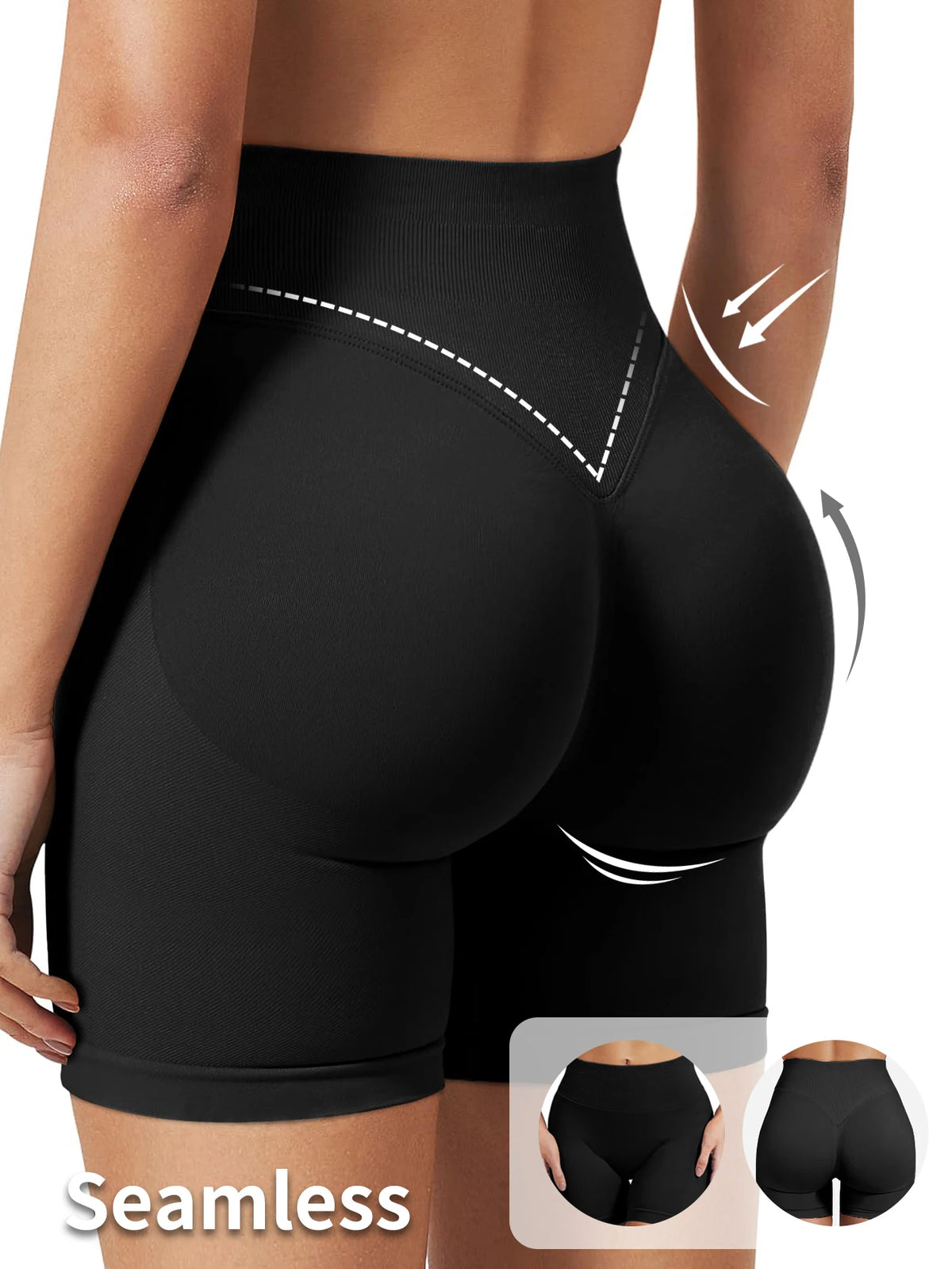 Black seamless high-waisted knit fitness shorts shown on a model's lower body.