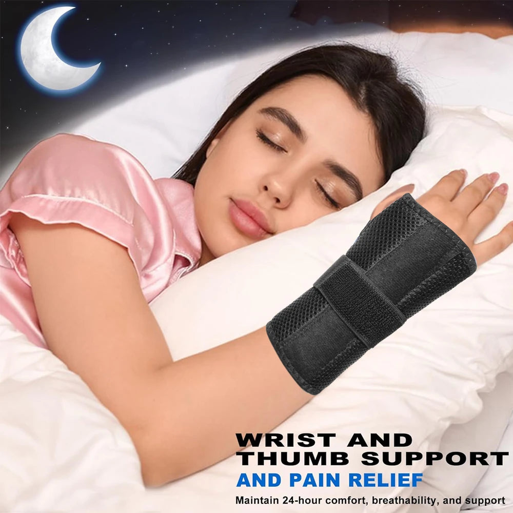 A woman is shown resting her arm on a pillow while wearing a black wrist support brace for pain relief.