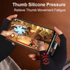 A hand is applying thumb silicone pressure to a tablet screen, illustrating relief for thumb movement fatigue.