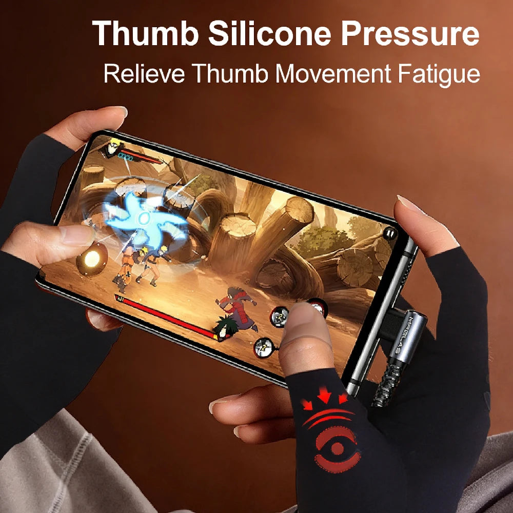 A hand is applying thumb silicone pressure to a tablet screen, illustrating relief for thumb movement fatigue.