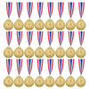 A row of gold, silver, and bronze award medals with red, white, and blue ribbons.