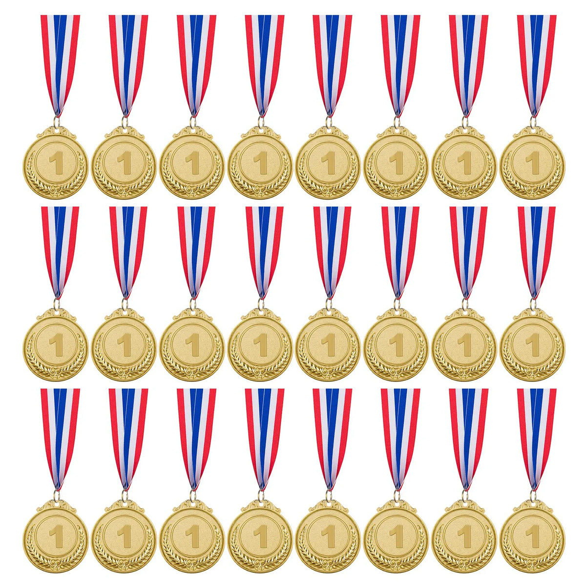 A row of gold, silver, and bronze award medals with red, white, and blue ribbons.