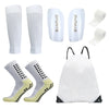A set of white football training socks and shin guards displayed individually and together.