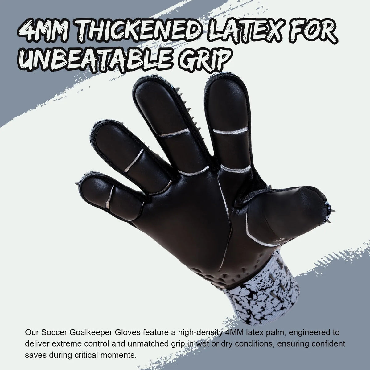 Black goalkeeper gloves featuring 4mm thickened latex palm for an unbeatable grip.