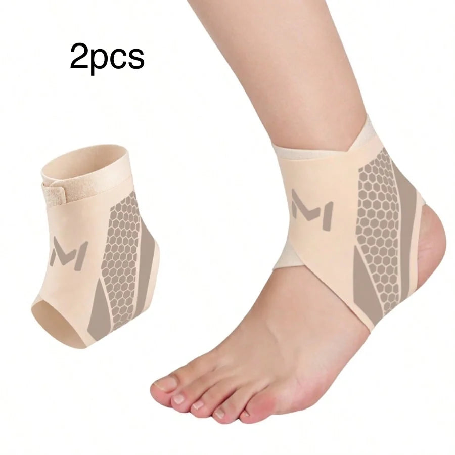 Two beige compression ankle support foot sleeves shown on a person's ankle and an isolated piece.