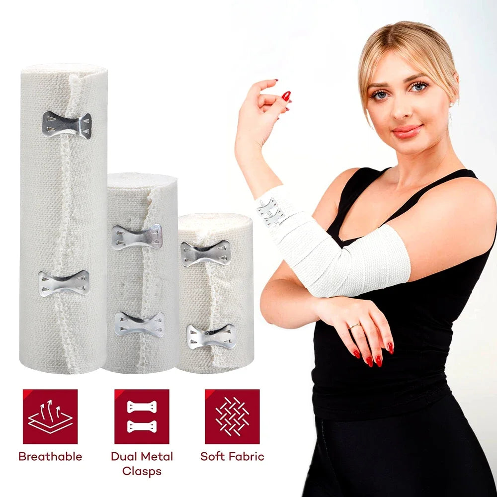 A woman demonstrates a white reusable elastic compression bandage for sports and first aid, highlighting its breathable dual 