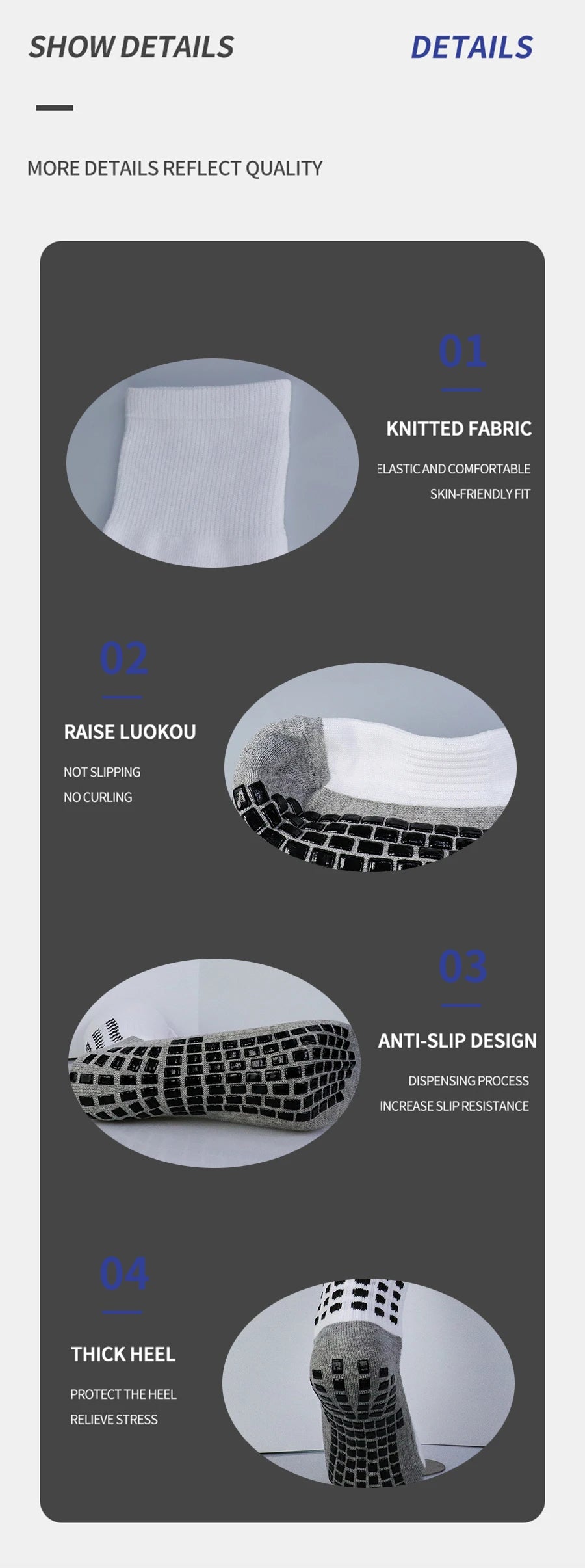 A graphic detailing features of professional training football socks including knitted fabric, anti-slip design, and thick he