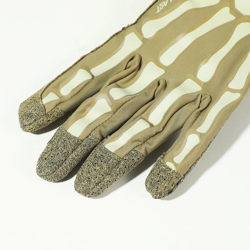 A close-up of tactical finger gloves with a beige and olive green camouflage pattern.
