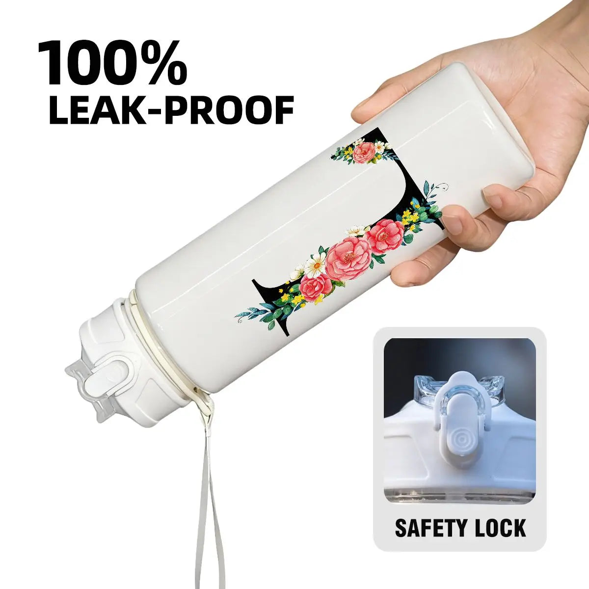 A hand holds a white insulated straw tumbler with a floral design and a safety lock feature.