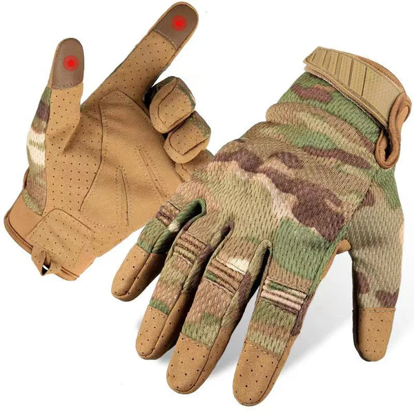 A pair of tan tactical sport gloves for outdoor activities shown in a close-up view.