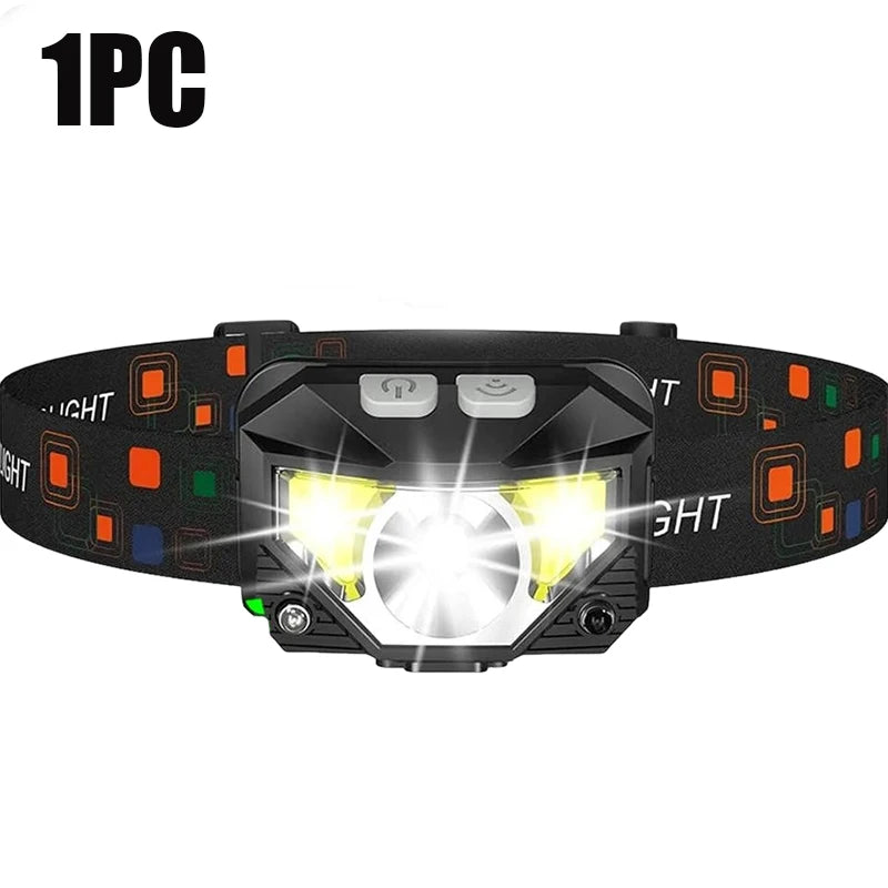 A single powerful LED rechargeable camping headlamp with a black and orange patterned body.