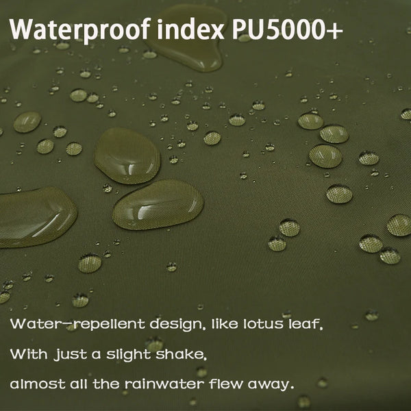 A dark olive green waterproof mat with water droplets on its surface.