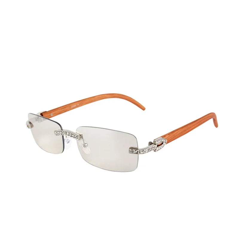 Gafas sin montura vintage con cristales y brazos de madera y lentes transparentes